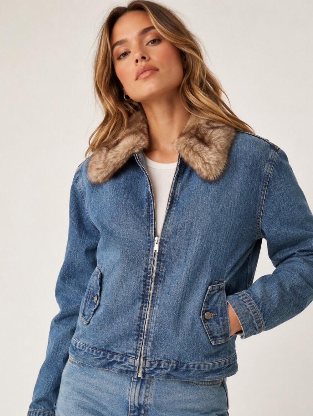 Kenzie Faux Fur Collar Denim Jean Jacket Blue Size 14